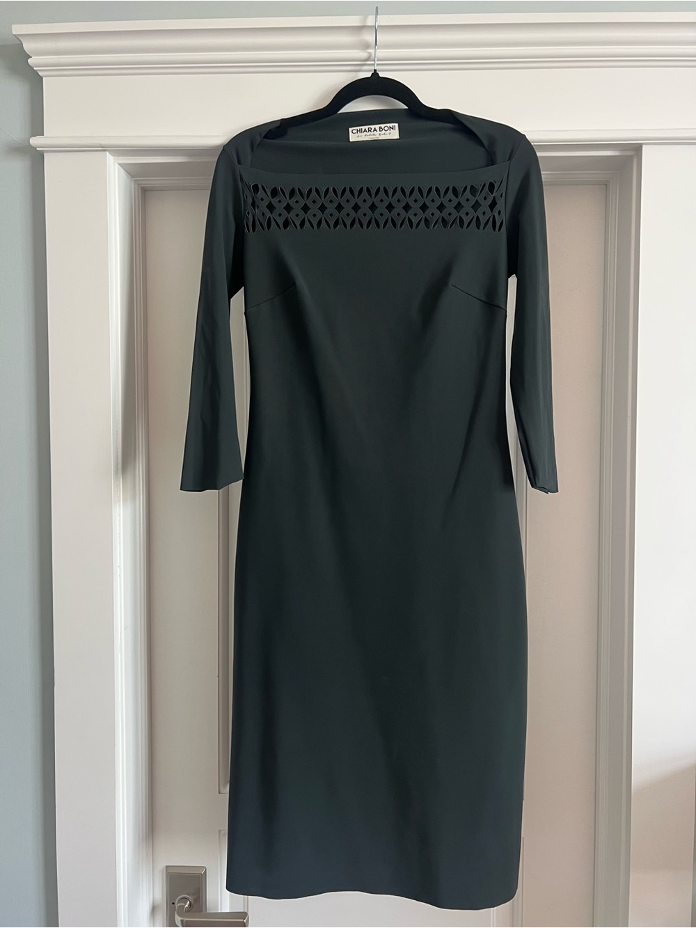 Chiara Boni Dark Green Midi Sheath Dress with Laser-Cut Yoke